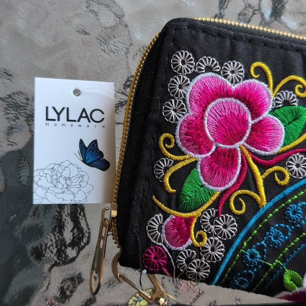 Lylac Colorful Zip Around Floral Embroidered Wallet Wristlet Black Pink